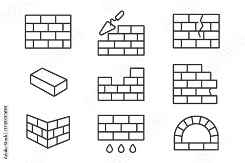 Brick wall construction linear icon set. Masonry and brickwork outline symbols. Building, repair, cracked, ruined wall. Trowel, corner, arch icons. Vector illustration.