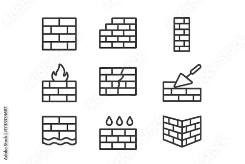 Brick wall line icon set. Construction, building, and masonry symbols. Firewall, security, broken wall, repair, bricklaying, waterproofing. Vector outline pictogram collection.