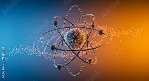 Abstract model of atomic energy and power; a textured nucleus with electrons in dramatic, colorful motion
