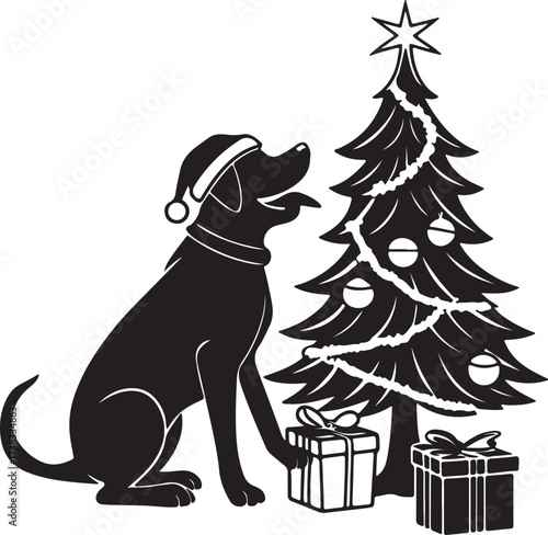 Vector silhouette of a playful dog wearing a Santa hat