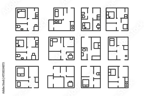 Floor plan line icon set. Architecture and interior design symbols. Apartment layout, blueprint, and furniture arrangement vector collection. Editable stroke minimalist pictograms.