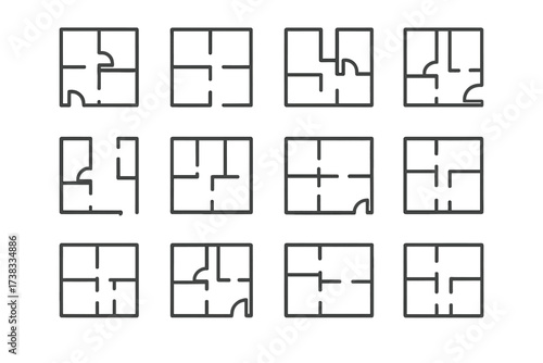 Floor plan icon set. Thin line vector symbols of house and apartment layouts. Architecture and real estate design elements. Home blueprint and interior project schematics.