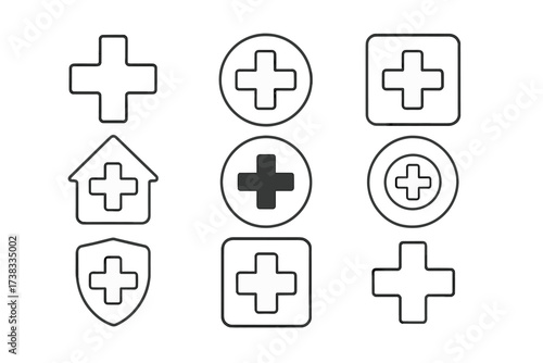 Medical cross and plus sign thin line icon set. Hospital, clinic, and pharmacy symbol collection. Emergency first aid and health care concept. Editable stroke vector illustration.