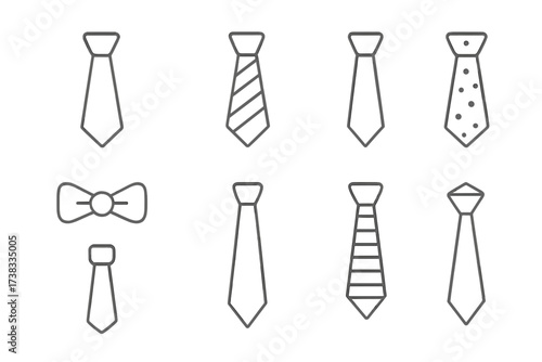 Tie and bow tie line icon collection. Set of various business neckties. Formal wear accessory for men. Gentleman fashion concept. Vector illustration for web, apps, or cards.