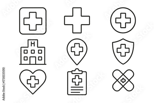 Medical line icon set with editable stroke. Health care outline symbols for web and apps. Hospital, clinic, pharmacy, emergency, first aid. Vector cross, heart, shield, plaster.