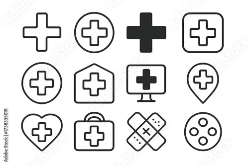 Medical cross and hospital symbol icon set. Health, medicine, pharmacy, first aid concept. Vector line icons of doctor, clinic, emergency, heart, plaster. Editable stroke.