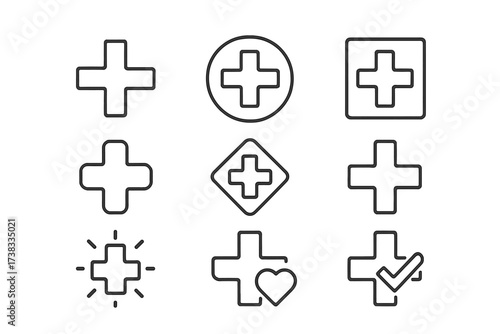 Medical cross icon set. Hospital, clinic, first aid and pharmacy symbols. Vector line art for healthcare and emergency services. Plus sign with heart and checkmark icons.