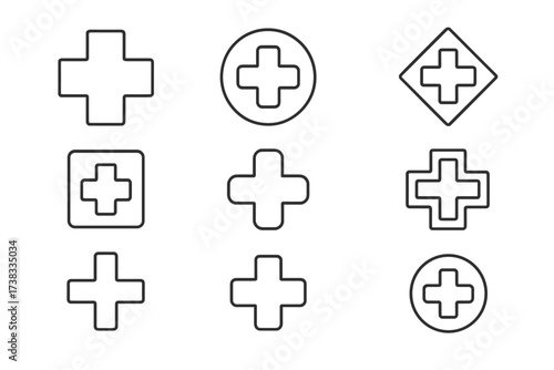 Medical cross and hospital plus sign icon set. Thin line art symbols for medicine, health care, pharmacy and first aid. Editable stroke vector design elements for web.