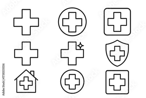 Medical cross plus sign icon set. Health care line art symbols collection. Hospital, pharmacy and emergency first aid outline icons. Editable stroke vector for web and apps.