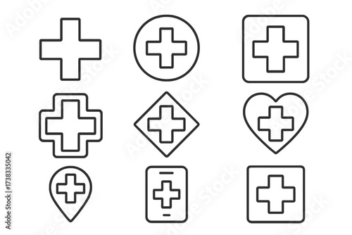Medical cross and plus sign thin line icon set. Health care, hospital, emergency and first aid symbols. Vector collection for web, apps, ui, ux with editable stroke.