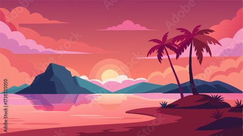 A serene scene of a tropical island with a colorful sunset painting the sky in shades of pink and orange over a tranquil lagoon.