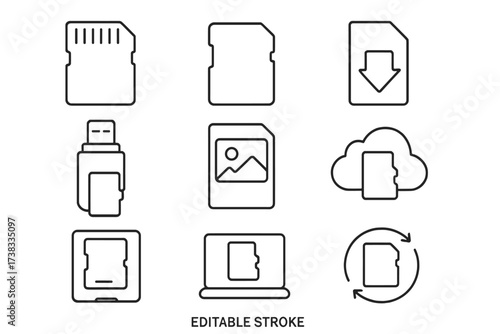 MicroSD memory card thin line icons set. SD card, data storage, and transfer symbols. Vector linear pictogram pack with editable stroke. USB reader, cloud sync, backup signs.
