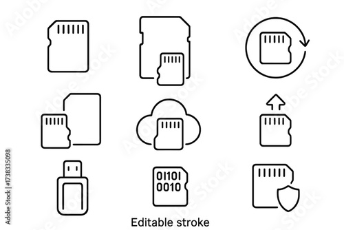 MicroSD memory card thin line icon pack. Data storage, transfer, cloud backup. Vector symbols for flash drive, sd adapter, usb reader, data security. Editable stroke for app, web.