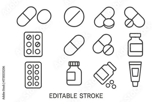 Pills and medication line icon set. Pharmacy, healthcare symbols. Drug, tablet, capsule, blister pack, medical bottle. Treatment, dose, prescription drugs. Editable stroke vector.