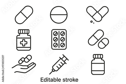 Pills and medication thin line icon set. Pharmacy and healthcare symbols. Vector collection of drug store items like capsule, tablet, bottle, blister pack, and syringe.