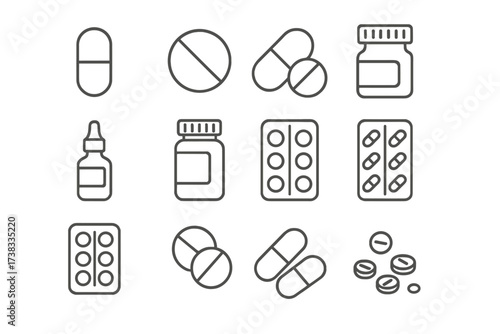 Pills and medication outline icon set. Simple linear collection of pharmacy symbols. Vector illustration of tablets, capsules, bottles, and blister packs for medical design.