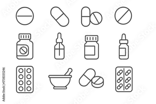 Medical and pharmacy thin line icon set. Pills and medication concept. Vector icons of tablet, capsule, drug bottle, blister pack, drops, and mortar and pestle. Editable stroke.