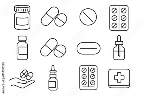 Medical icon set. Pills and medication pack. Pharmacy thin line icons. Health care drug symbols. Vector capsule, tablet, bottle, blister, dropper, spray. Editable stroke design.