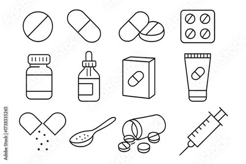 Pills and medication line icon set. Vector symbols for pharmacy, medicine, healthcare, and treatment. Includes capsule, tablet, bottle, syringe. Editable stroke illustrations.