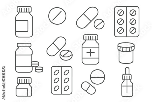 Pills and medication line icon set. Pharmacy and healthcare symbols. Vector illustration of tablets, capsules, pill bottles, blister packs. Editable stroke for web and apps.