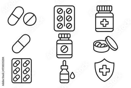 Pills and medication line icon set. Pharmacy and healthcare symbols. Medical treatment, drug store concept. Vector icons of capsule, tablet, blister pack, bottle and dropper.