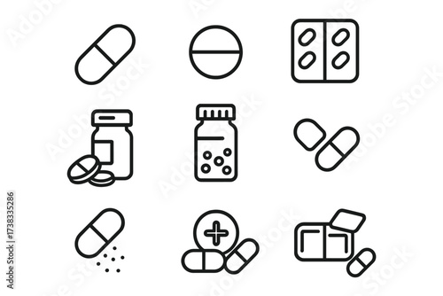 Pills, medication, and drugs line icon set. Pharmacy, medicine, and healthcare symbols. Vector illustration with editable stroke. Icons of capsule, tablet, bottle, vitamin.