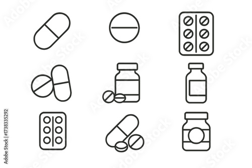 Medicine and healthcare icon set. Pills, medication, drug, tablet, capsule, vitamin, prescription. Pharmacy, dose, bottle, blister pack. Editable stroke vector line icons.