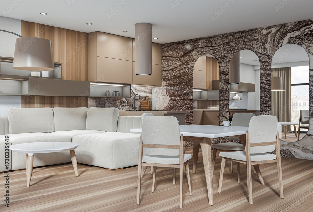 Fototapeta premium Contemporary interior design with beige kitchen cabinets, white sofa and chairs, light wood flooring, onyx-style wall background, 3D Rendering