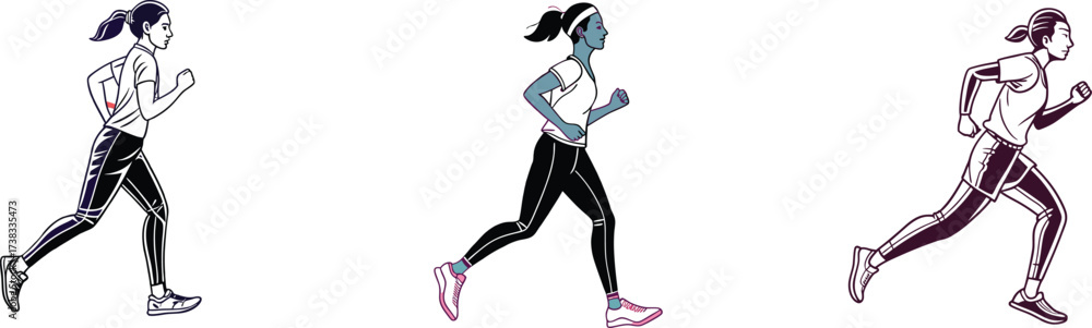 Fototapeta premium Dynamic vector illustration of a woman running, ideal for fitness blogs, health campaigns, or athletic apparel ads, showcasing energy, movement, and healthy lifestyle