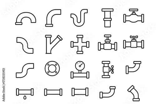 Pipe line icon set. Plumbing and pipeline vector collection. Simple outline icons of pipes, valves, fittings, tube connections, and waterworks elements for industrial design.