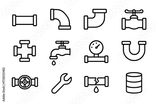 Pipe and plumbing service line icon set. Water pipeline, fittings, valve, faucet, and gauge. Vector outline symbols for repair, maintenance, installation, and leak detection.