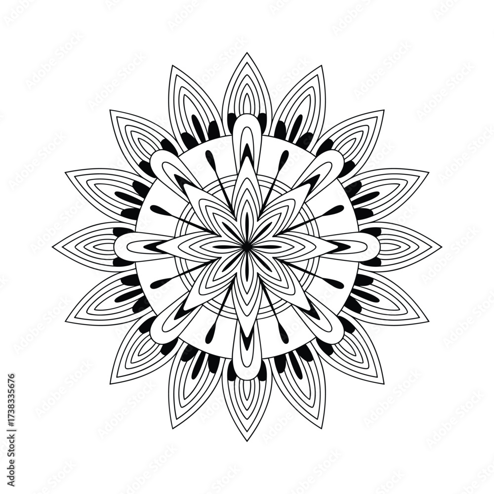 Obraz premium Intricate black and white mandala design symmetric radial pattern geometric abstract art flower shape