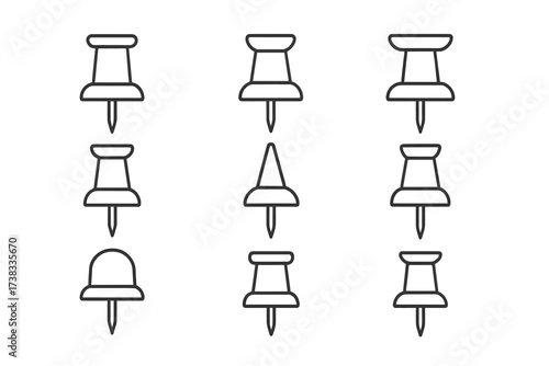 Push pin and thumbtack line icon set. School and office stationery supplies. Vector drawing pin symbol collection. Editable stroke icons for web, map, location, and apps.