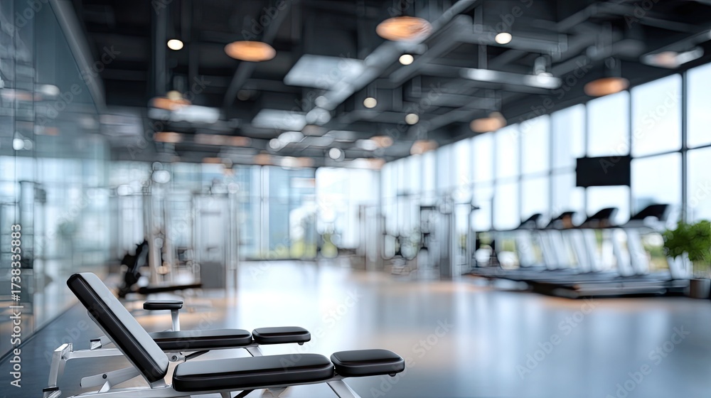 Fototapeta premium Modern gym setting with large windows showcasing workout equipment and a bright, open atmosphere for fitness activities in the city