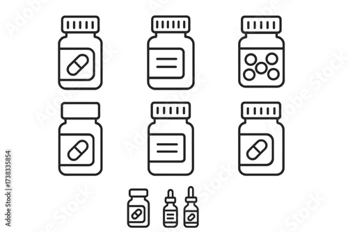 Medicine pill bottle line icon set. Vector illustration for pharmacy, healthcare, drug packaging. Includes capsules, tablets, and dropper bottles. Editable stroke design elements.