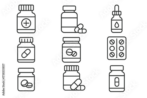 Medicine pharmacy vector line icon set. Pills, tablets, capsules, vitamins, supplements. Drug bottle, dropper, blister pack. Healthcare, treatment concept. Editable stroke for UI, web.
