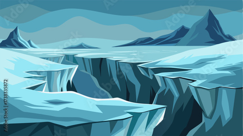 A rugged terrain of ice and rock with sharp edges and deep crevices carved by the unrelenting force of the Arctic winds that whip through the tundra.