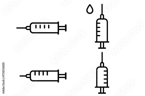 Syringe and injection vector line icon set. Medical healthcare symbols for vaccination, immunization, treatment. Editable stroke outline pictograms perfect for web and apps.