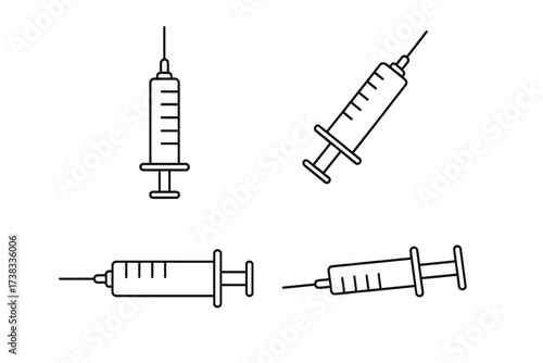 Syringe icon set. Thin line art vector. Medical injection, vaccination, vaccine, dose, needle concept. Editable stroke. Healthcare, hospital, treatment symbol for web, apps.