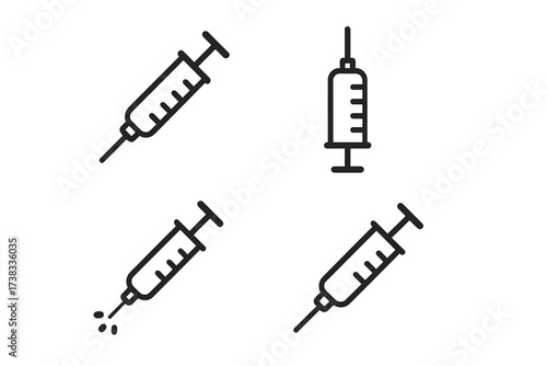 Syringe and injection vector line icon set. Medical and healthcare concept. Vaccination, immunization, and treatment symbol. Editable stroke for web, apps, and print design.