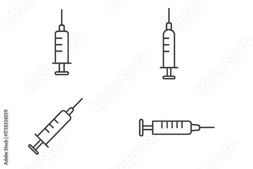 Syringe line icon set. Medical vector symbols for injection, vaccination, dose, and immunization. Healthcare and medicine concept. Editable stroke for web design and apps.