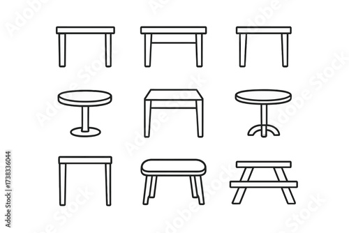 Table and desk thin line icon set. Vector furniture symbols with editable stroke. Includes dining, coffee, round, and picnic tables for office, home interior, web, and apps.