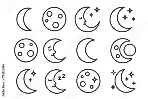 Moon and crescent line icon set. Simple celestial symbols for night, sleep, and space. Vector collection with lunar phases, stars, and cartoon faces for UI, web, and apps.
