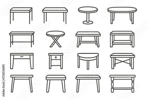 Furniture line icons set. Table, desk, nightstand, coffee table collection. Minimalist outline vector illustration for web design, apps. Simple isolated pictogram. Editable stroke.
