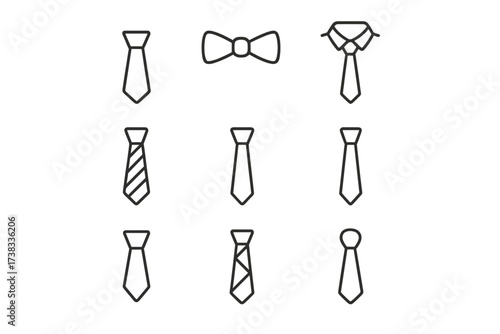 Tie and bow tie line icon set. Collection of necktie symbols. Business formal wear and fashion accessory concept. Vector illustration with editable stroke for web and apps.