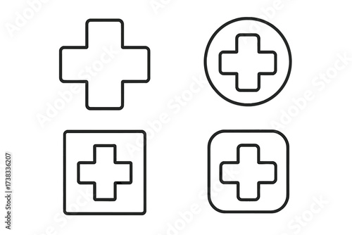 Health cross vector icon set. Simple line medical plus signs. First aid, hospital, emergency, medicine, clinic symbol. Healthcare logo element. Add button for app. Editable stroke.