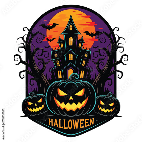Spooky Halloween haunted house scene with grinning jack o lanterns and flying bats under a full moon
