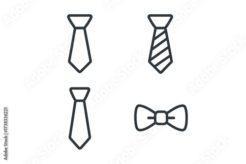 Necktie and bow tie line icon collection. Vector set of simple outline symbols for business fashion. Formal wear. Gentleman accessory. Editable stroke for web, UI, and apps.