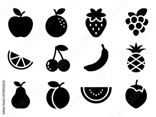 Fruit and Berry Icon Set with Fresh and Healthy Vector Illustrations.