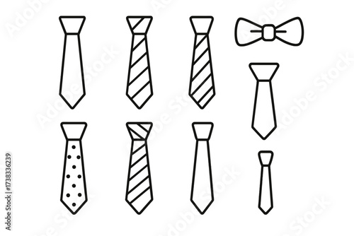 Tie icon pack. Necktie and bow tie line art collection. Editable stroke vector illustration for business, fashion, web design. Minimalist formal wear graphic elements set.